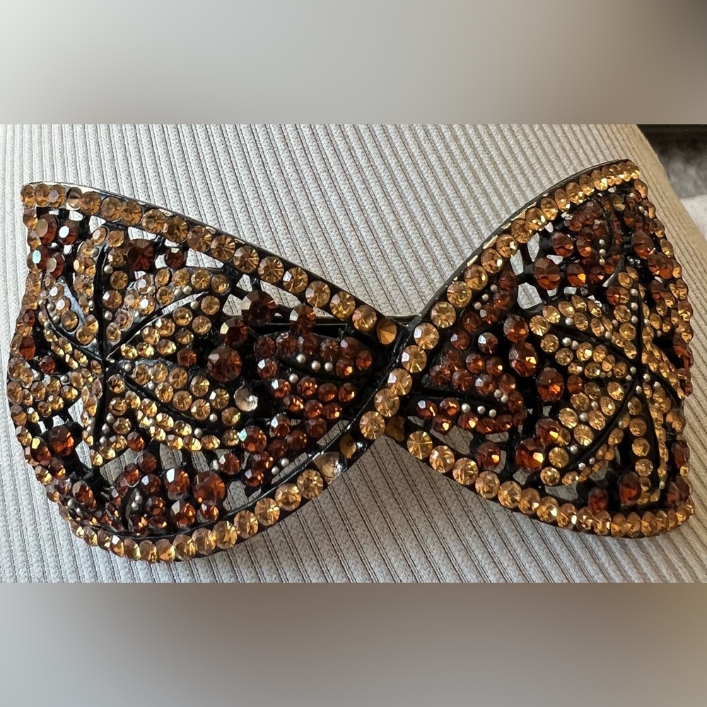 Vintage Rhinestone Elegant Brown and Gold Beaded Hair Clip